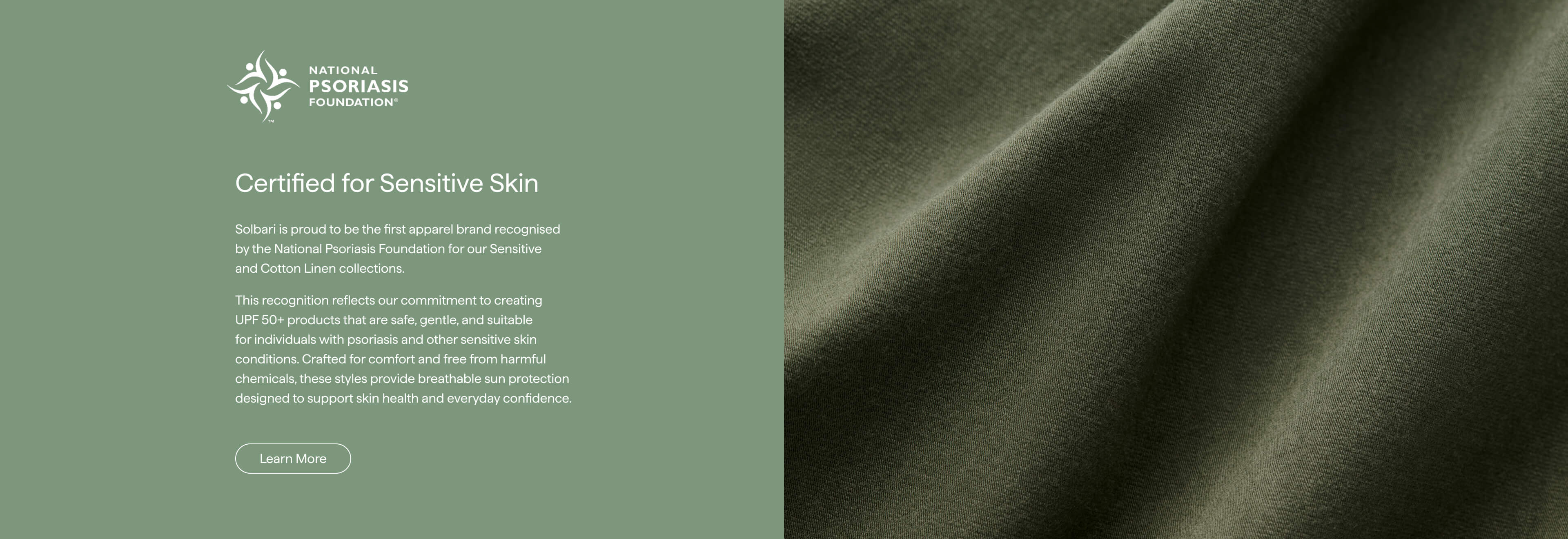 Text on a green background about certified sensitive skin products, with a close-up of green fabric on the right.