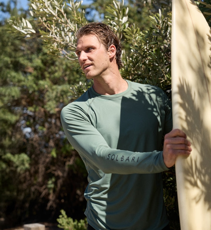 Men wearing Solbari rash guard and swim legging