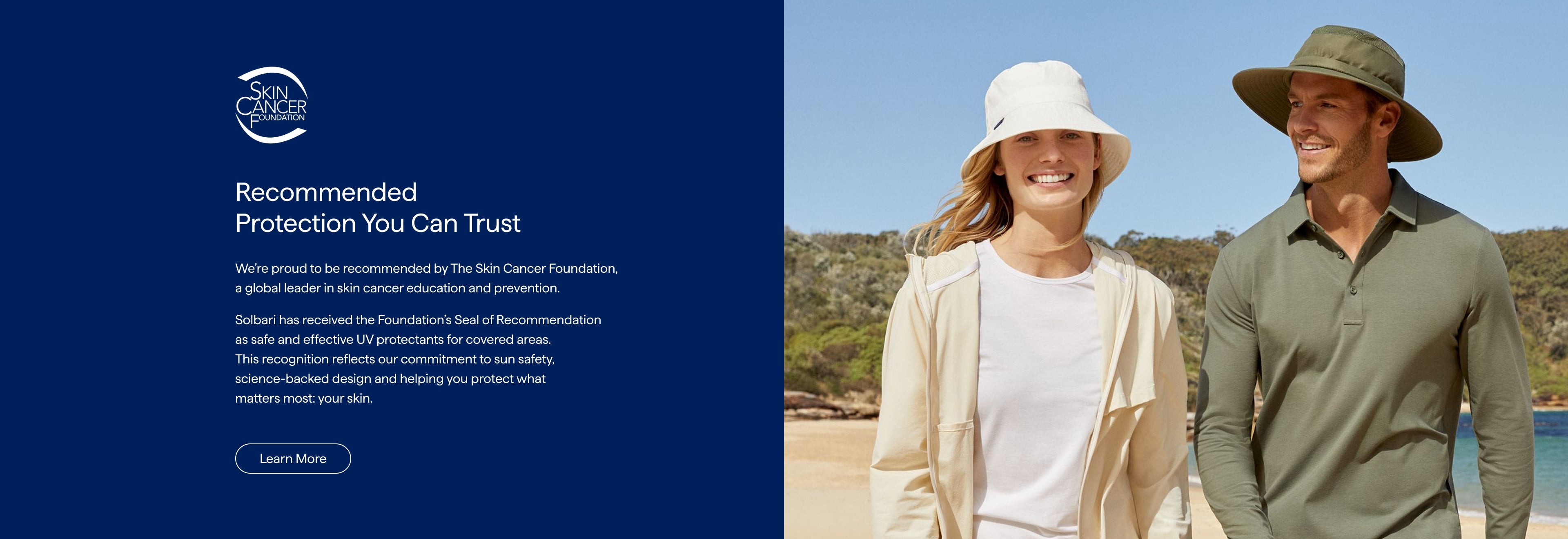 Two people wearing hats with a scenic background, promoting a brand's sun protection products.