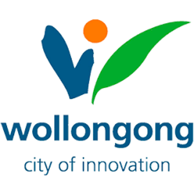 Logo of Wollongong, Australia, featuring a blue abstract design and green leaf on a white background.